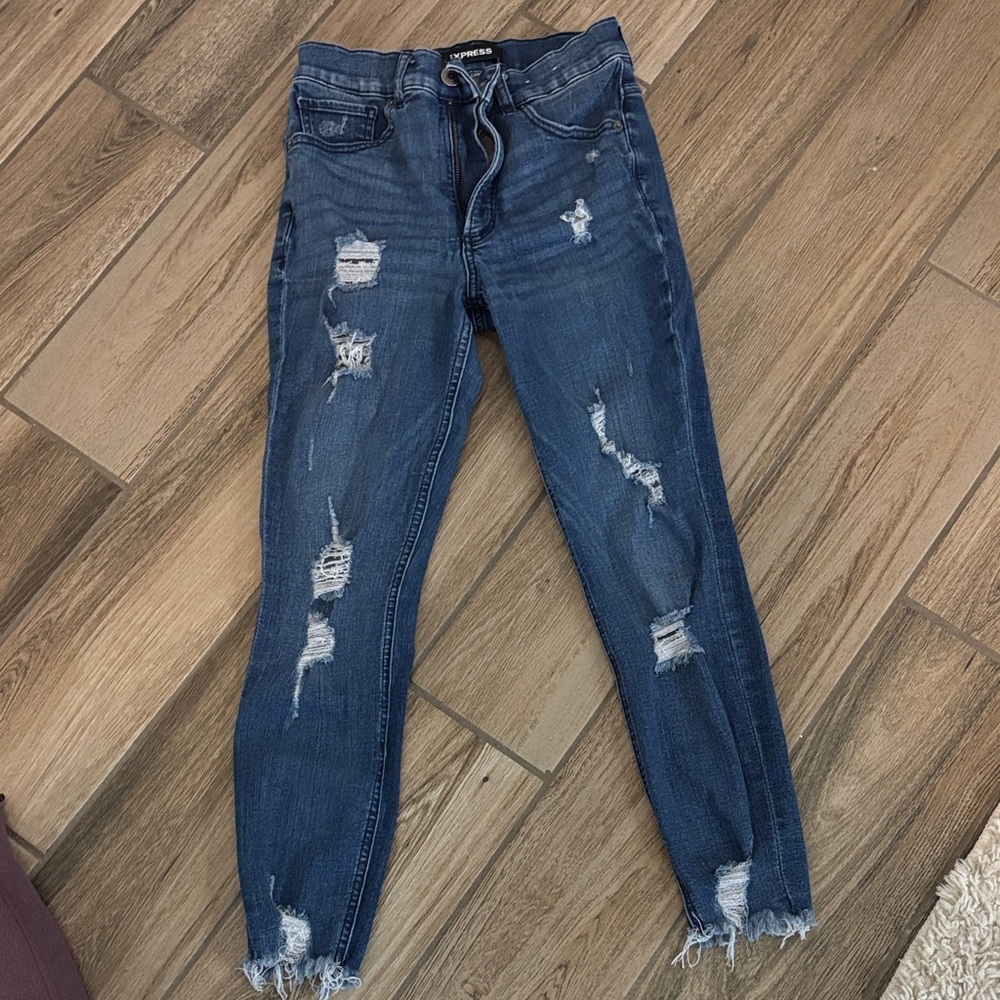 Express Dark Blue Distressed Skinny Jeans